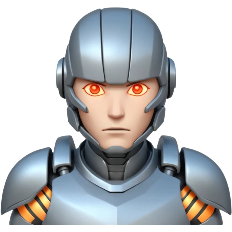 mechanical armored man portrait, head and shoulders only, futuristic metal armor, glowing energy lines, robotic shoulder plates, intense expression, sci-fi warrior vibe, 3D cartoon style, mobile game icon style, clean background, no text, no watermark
  emoji