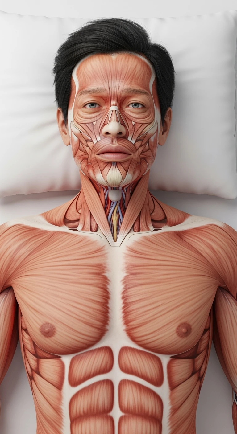 corpo umano anatomico realistico con la testa poggiata sul cuscino ma gli occhi aperti perché non riesce a dormire, visto dall'alto, sfondo bianco
IPERREALISTICO 4K emoji