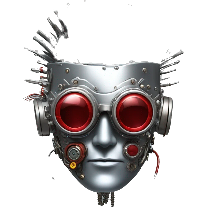 Silver mohawk cyborg head with red steampunk goggles, goatee and circuits emoji