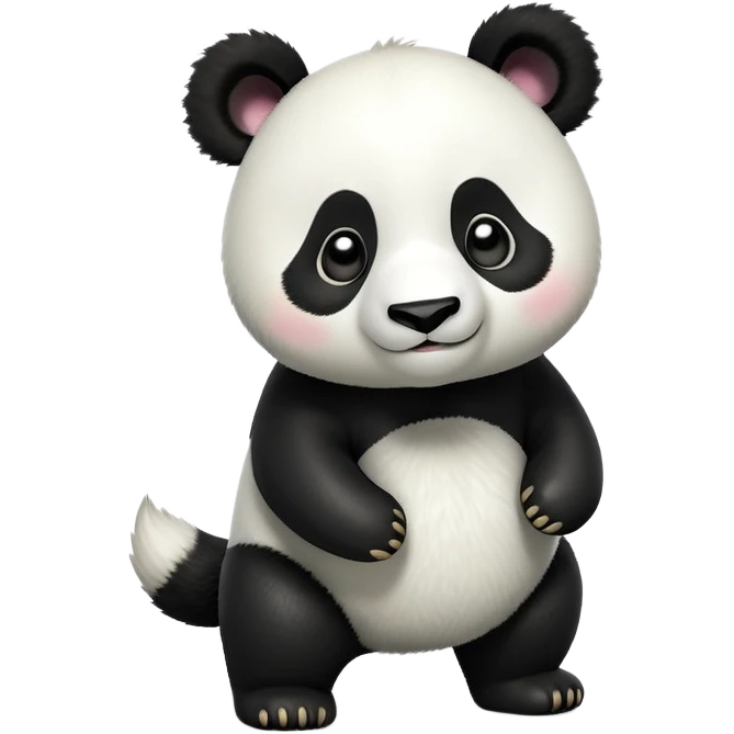 cinematic-[panda bear]-realistic-full-body-standing on all fours-emoji,-tail-tucked-close,-head-tilted-dramatically,-thick-[black and white]-fur,-simplified-yet-realistic-focused-features,-highly-detailed,-glowing-with-an-almost-sarcastic-glow emoji