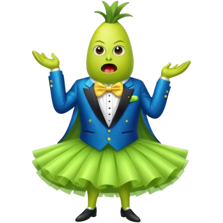 Angry blue banana fruit wearing a sparkly lime green tuxedo and tutu emoji