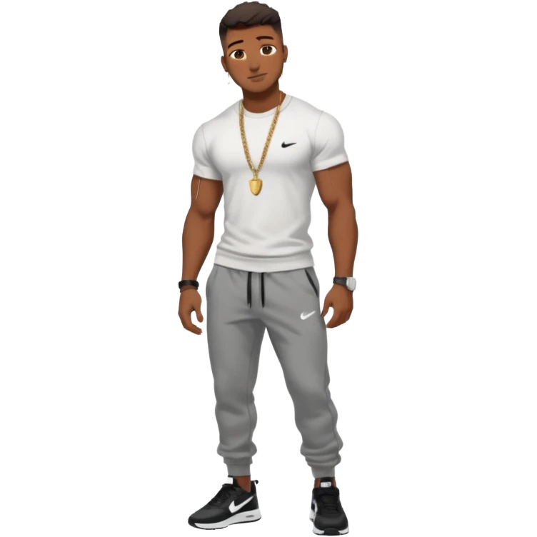 Handsome Black guy with brown skin tone, with muscular build, wearing black sweatpants, a white t-shirt, black Nike air max, a small chain, and a watch  emoji