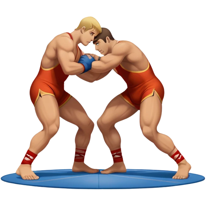 An icon showcasing two wrestlers engaged in a Greco-Roman wrestling match. The athletes are locked in a strong clinch, using their upper bodies to dominate. The background features a wrestling mat and traditional Greco-Roman elements. Transparent background. emoji