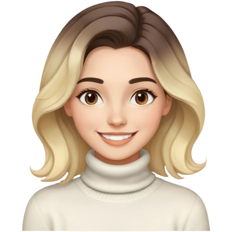 Mujer joven caucasian, cara alargada, cejas suaves, pelo marron oscuro ondulado con puntas rubias, raya al lado. Sonrisa amplia, expresión alegre. Turtle neck white sweater cozy with tea. Ombre hair.  emoji