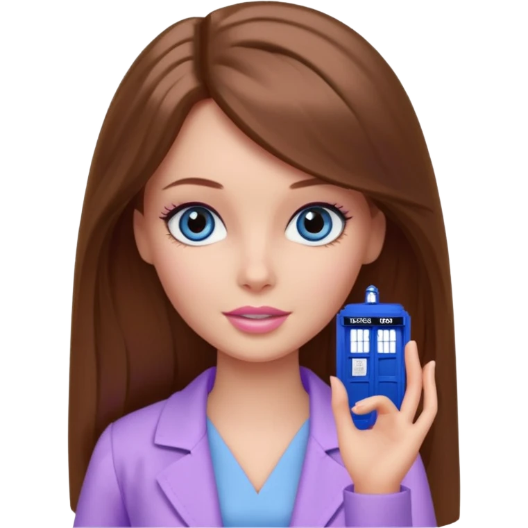 beautiful barbie girl with long brown hair, blue eyes and wearing light purple clothes watching doctor who emoji