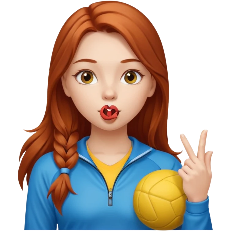 A cute ukrainian girl, with long auburn hair, playing sports, she's blowing a kiss. emoji