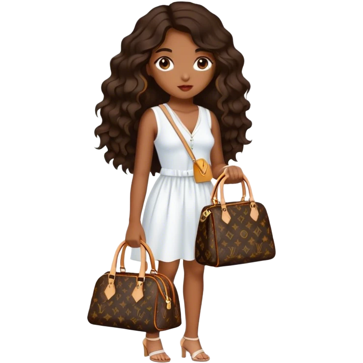  Brown girl with dark brown medium beach wavy hair carrying one Louis Vuitton purse on her arm while standing  emoji