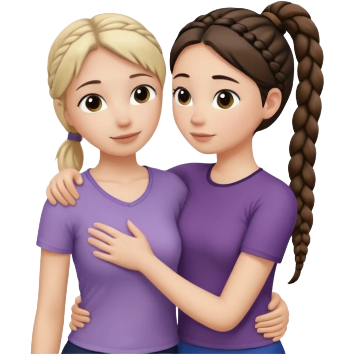 Comforting Hug two white skin women, one shorter woman with medium brown simple top ponytail, not braided, and one taller woman with a single long black side braid emoji
