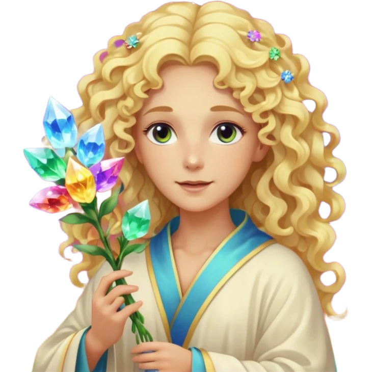 a being made of light pleidian nordic long faces and curly blond hair but beautiful features of light with a robe on made of light and who is lanky holding a bouquet of crystal flowers on rainbow fire emoji