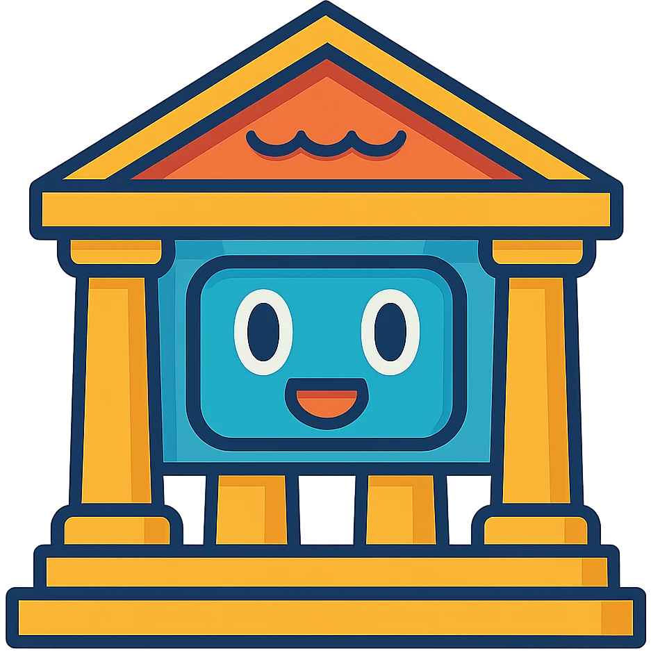cartoon Greek temple with a friendly robot face emoji
