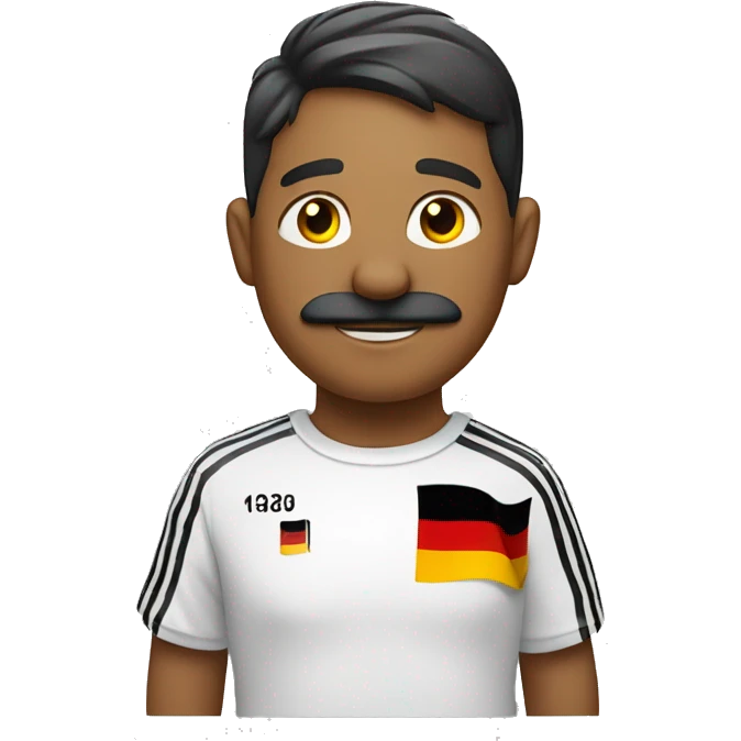Guy standing at 45 degree angle with German flag on his shirt with his arm diagonally up and he has a mustashe emoji