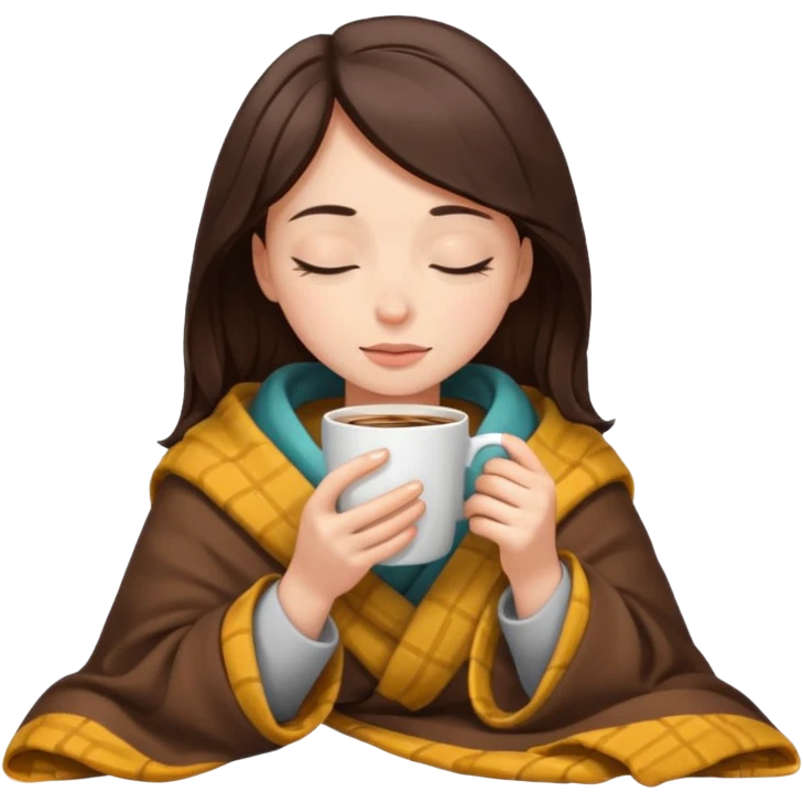brunette girl inside a blanket sipping coffee, eyes closed emoji