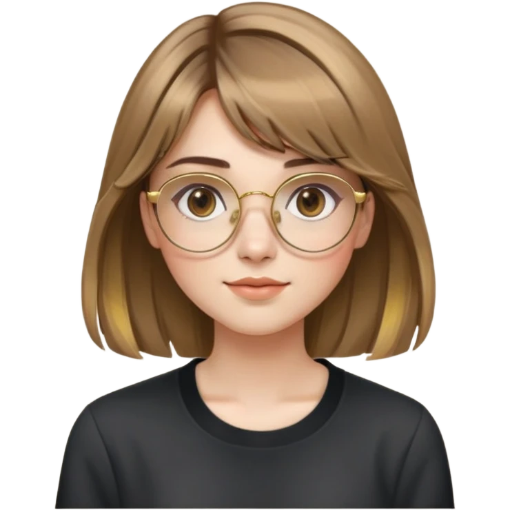 young adult woman with fair skin, round face with soft cheeks, light brown hair with golden highlights, voluminous and straight with slight waves, long bangs over eyebrows, large octagonal gold metal frame glasses, dark casual shirt, friendly and creative expression emoji