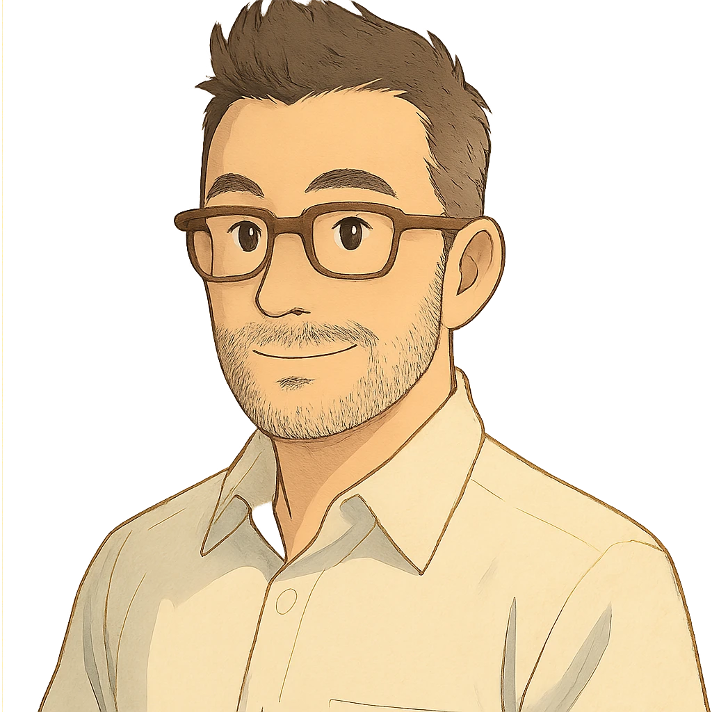 portrait of a businessman, white shirt, no tie, dark brown fauxhawk, subtle gray stubble, brown rectangular glasses, soft colors emoji