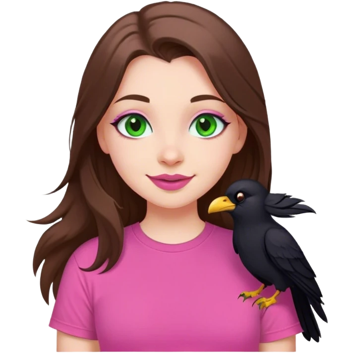 mid sized white skinned girl with green eyes and long brown hair with a crow on her shoulder smiling maniacally in a pink t-shirt with pink lips emoji