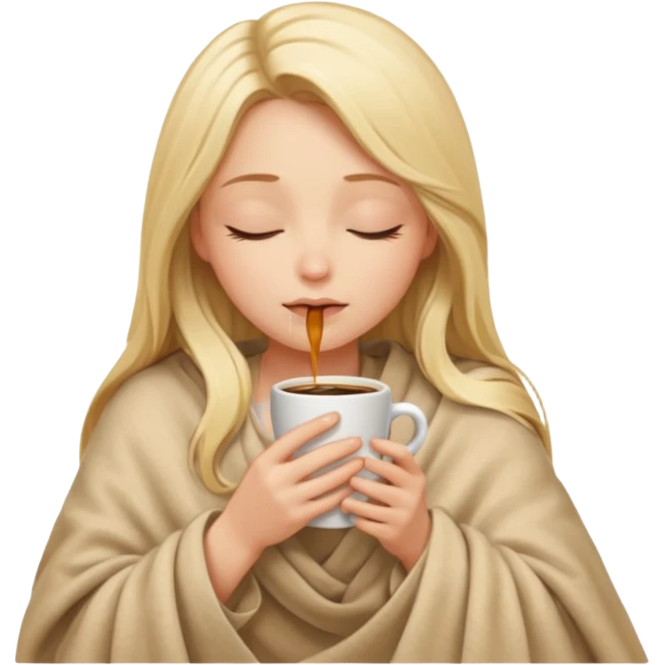 Blonde girl long hair inside a beige blanket sipping coffee eyes closed emoji