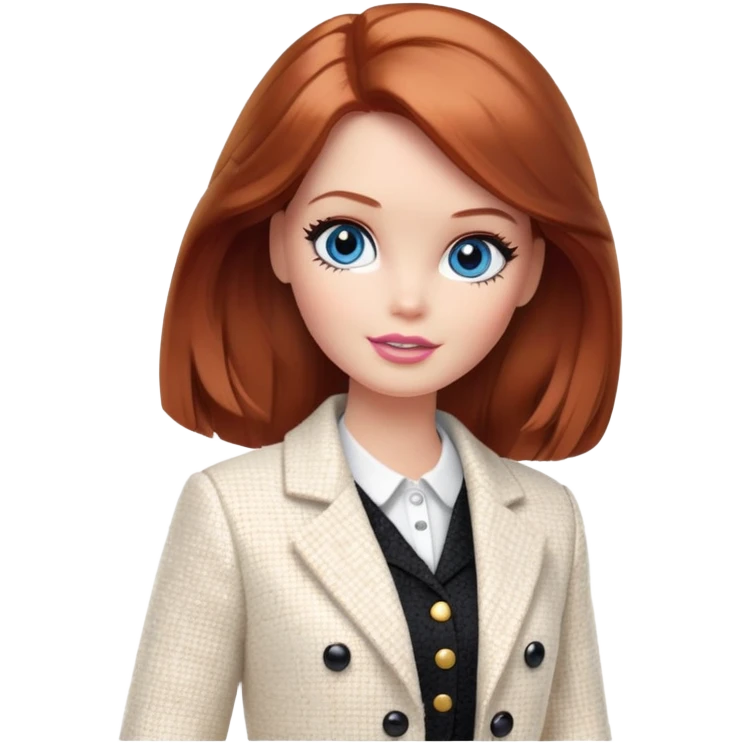 A Barbie girl with blue eyes, shoulder-length reddish-brown hair with makeup, wearing a white tweed jacket and a black skirt stands with cream emoji