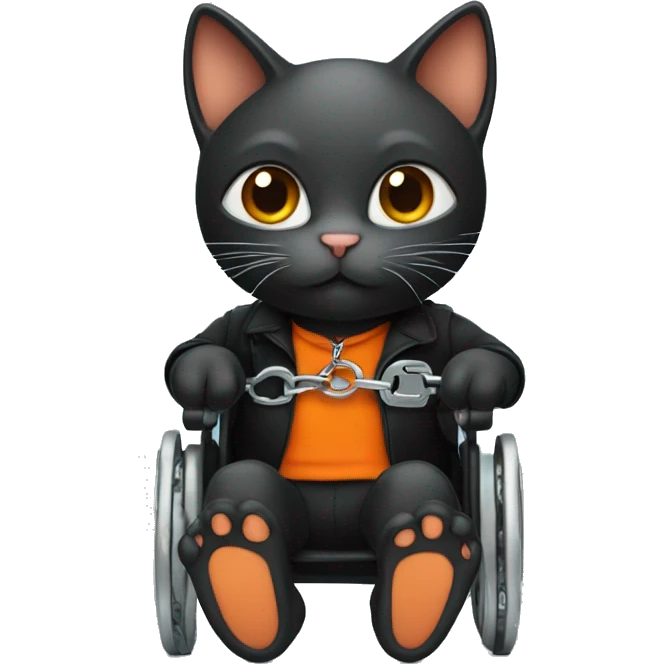 a kitty dressed in black and orange and in a wheelchair with handcuffs  emoji