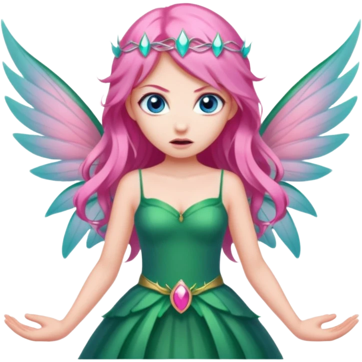 Blue eyed long pink hair, pink wing fairy in green dress: anger emoji