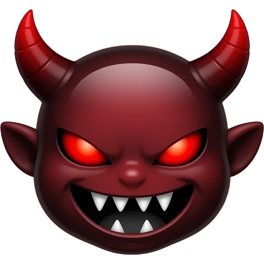 A cute but mischievous demon emoji, small black or red horns, sharp grin, glowing red eyes, dark shadow aura, deep red and black color palette, smooth round face, minimalistic emoji style, clean vector design, high quality, centered, transparent background emoji