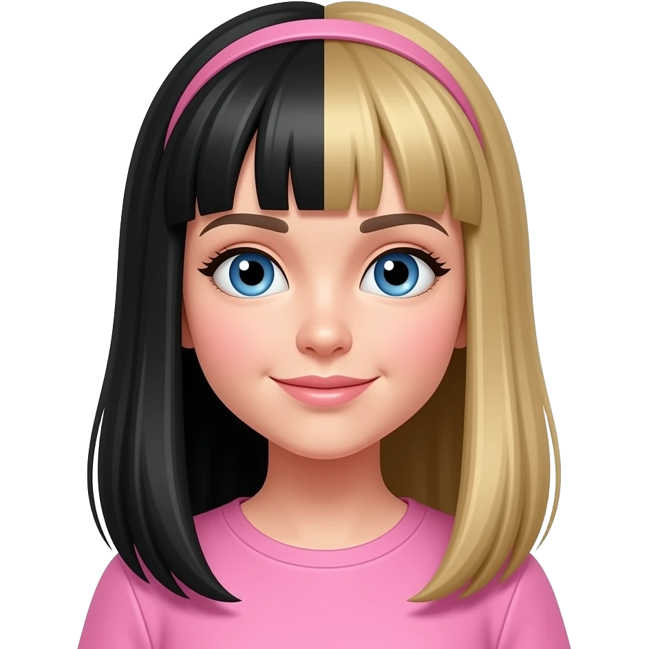 Girl with white skin, black and blonde hair and blue eyes wearing pink emoji