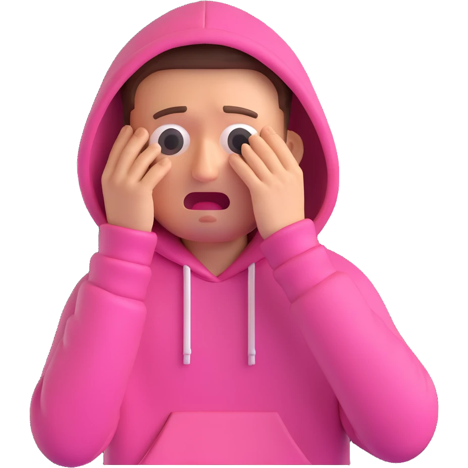 crying guy in a pink hoodie, 3D emoji style emoji