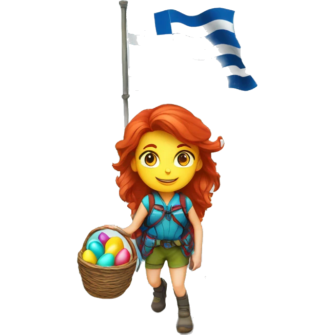 Female mountain climber red hair climbing with Greek flag on backpack and holding Easter eggs basket emoji