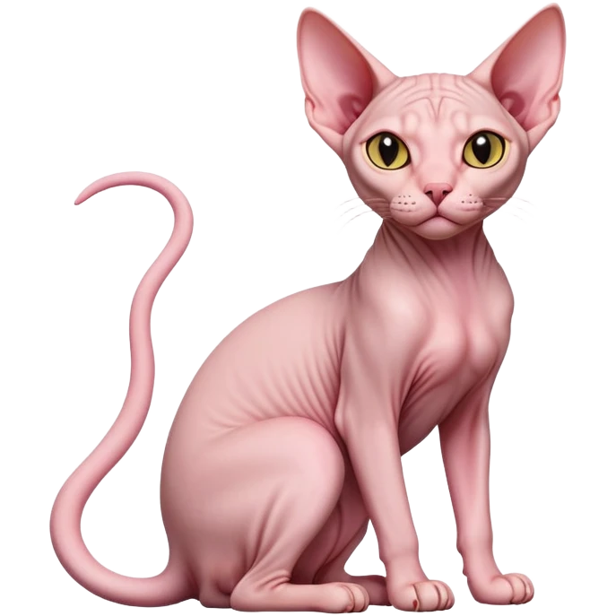 cinematic-[sphynx cat]-realistic-full-body-sitting-emoji,-tail-curled-playfully-around-its-paws,-head-tilted-dramatically,-sleek-[pink]-skin,-simplified-yet-realistic-focused-features,-highly-detailed,-glowing-with-an-almost-sarcastic-glow emoji