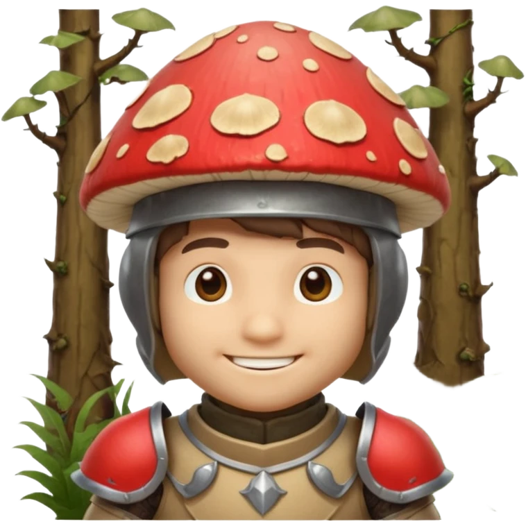 mushroom knight portrait, head and shoulders only, helmet made entirely of a large mushroom cap, textured mushroom surface, tiny fantasy armor collar, heroic smile, magical forest vibe, 3D cartoon, mobile game icon style, clean background, no text, no watermark
 
 emoji