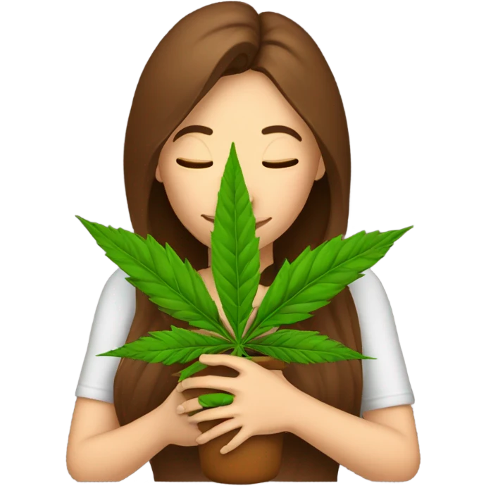 Woman with brown hair hugging marijuana plant emoji