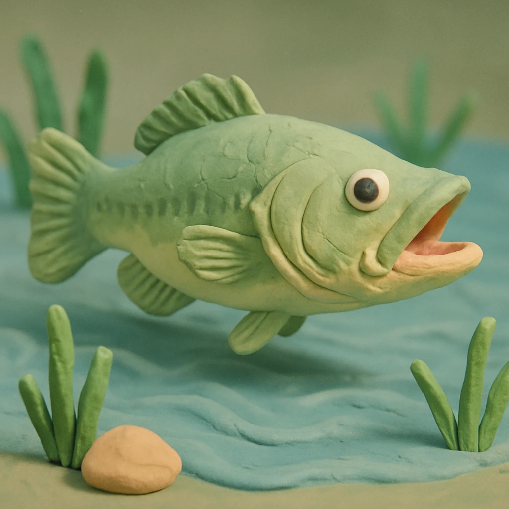 largemouth bass swimming in a pond, visible fingerprints, pastel colors, claymation style emoji