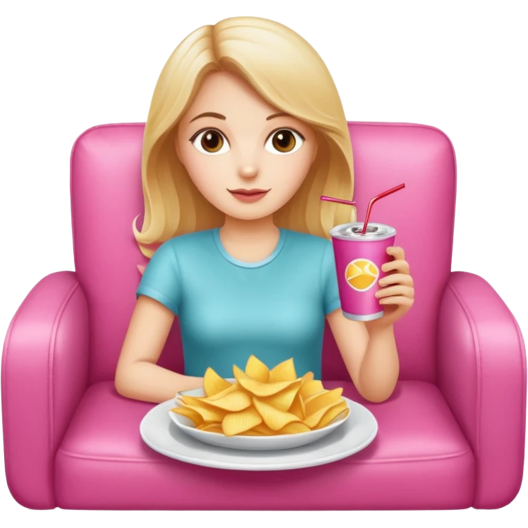 home white girl with plate of chips and soda drink, sitting at the pink sofa emoji