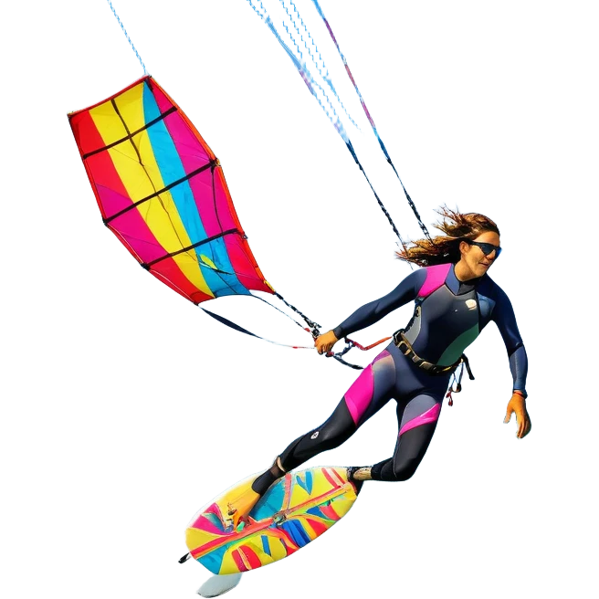 A vibrant kite soaring high in the sky, attached to a kiteboarder riding the waves below. The scene is filled with bright colors, capturing the energy of the sport. The background features the ocean, wind-blown waves, and a clear sky, showcasing the excitement and freedom of kiting. emoji