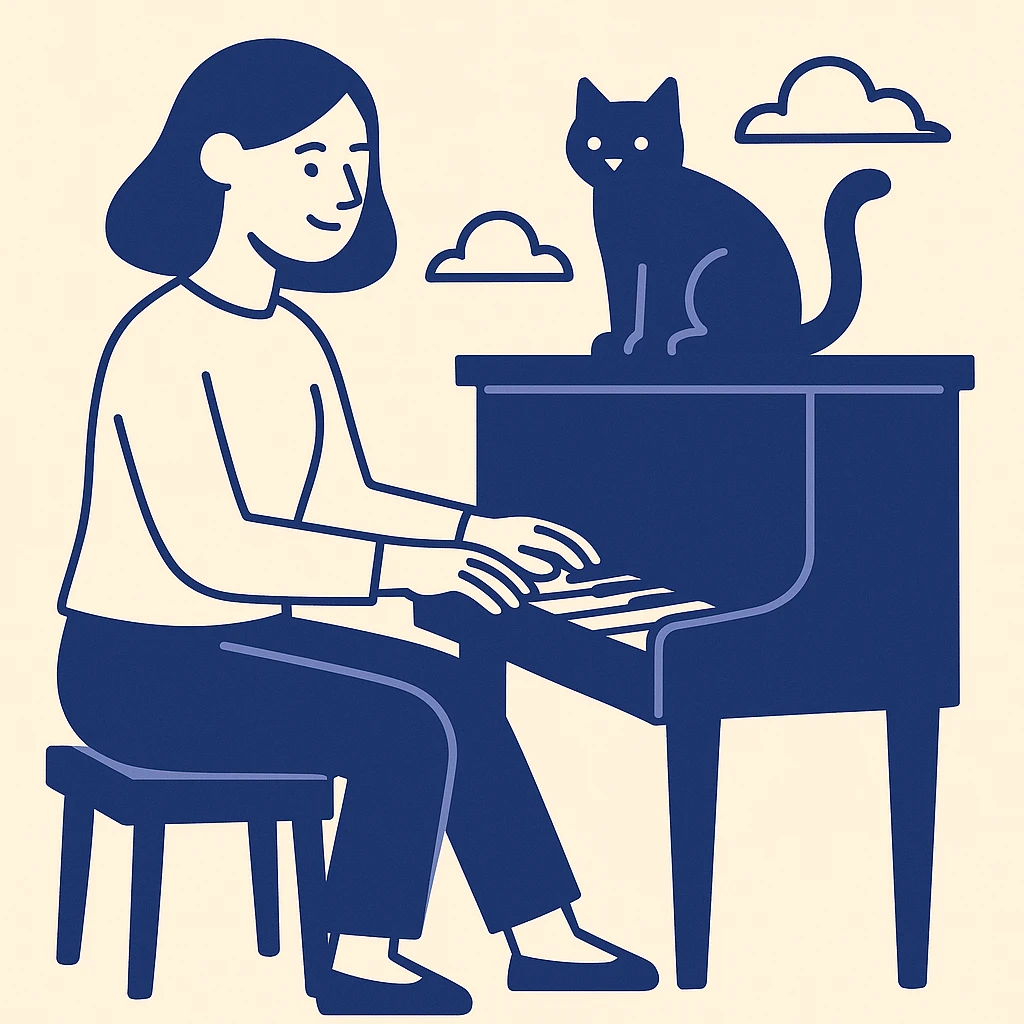 woman playing piano while her cat sits on top of the piano emoji