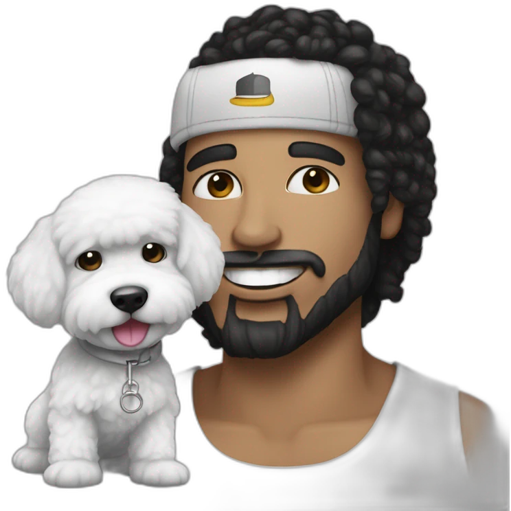 young-rapper-with hoop-white skin-black hair-beard-bichon dog-white-smile emoji