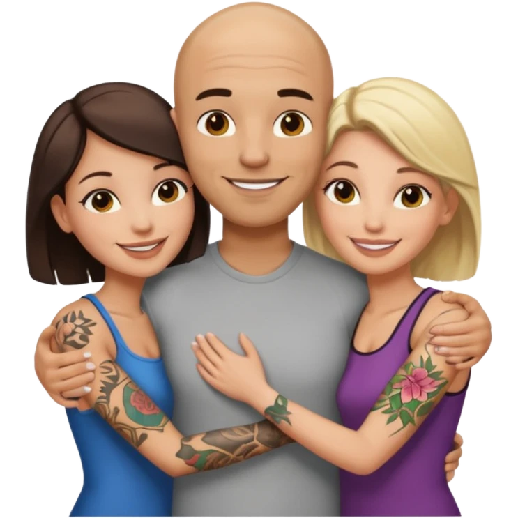 throuple tattooed bbald male with topless naked big boobed brunette and topless naked big boobed blonde girlfriends  loving  naked thruple emoji
