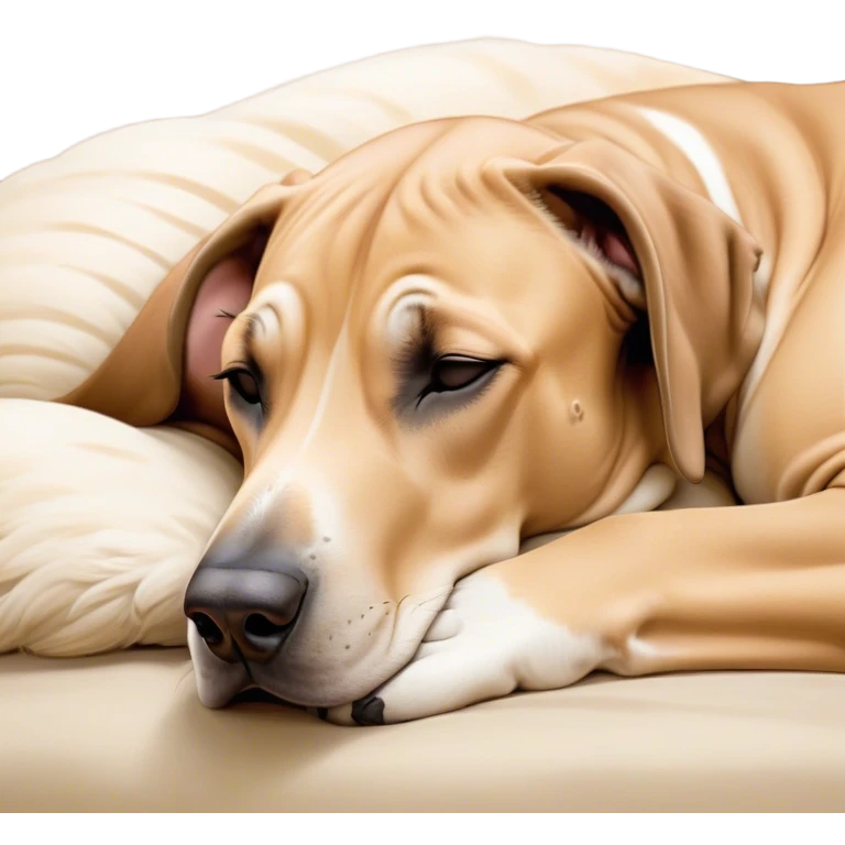 Meme-Worthy Cute Sleeping Fawn Great Dane Portrait Emoji, Head resting peacefully with a contented smile, showcasing a delightfully solid build and a luxuriously soft fawn Fur, eyes shut in a serene nap, Simplified yet hilariously adorable features, highly detailed, glowing with a soft, drowsy light, high shine, relaxed and utterly lovable, stylized with an air of playful laziness, bright and heartwarming, soft glowing outline, capturing the essence of a comically sleepy guardian, so meme-worthy it feels like it could instantly become the next viral sensation of adorable slumber! emoji