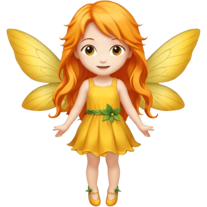 fairy with long orange hair, yellow wings, yellow dress, happy, chibi full body emoji
