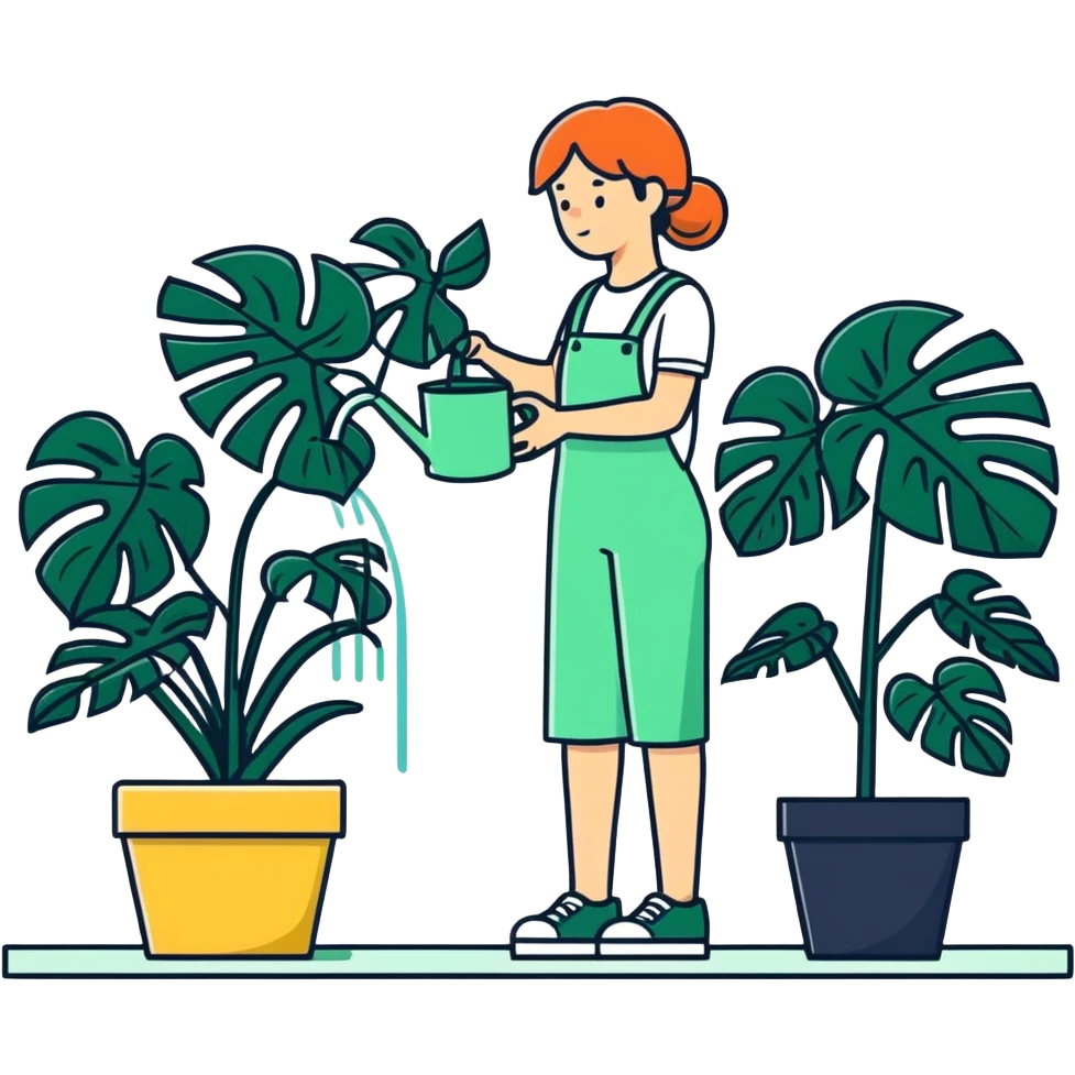 woman watering her monstera plant emoji