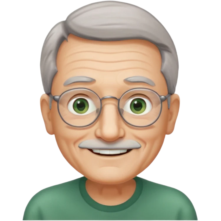 Old man with receding hair, grey hair only on the sides, green eyes, rectangular reading glasses, rounded clear face, with a smile emoji