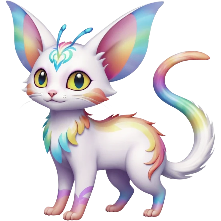 Jumping-Pure-snow-White albino iridescent with pastel rainbow-gradients-color-markings with swirly patterns butterflies  faerie-Noivern-Noibat-Purloin-Torracat-Lykoi-Caracal-cat-Fakemon-fusion-hybrid-creature- emoji