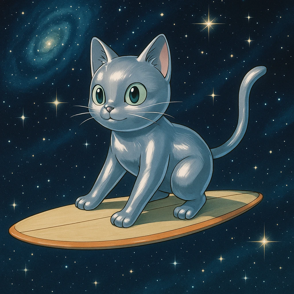 shiny silver cat with a surfboard in space, anime style emoji