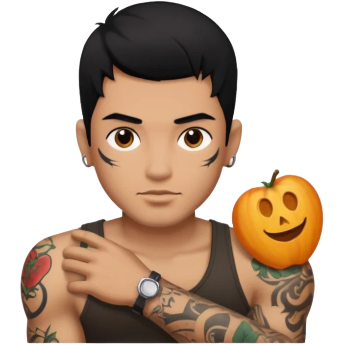 man with tattoo, black hair emoji