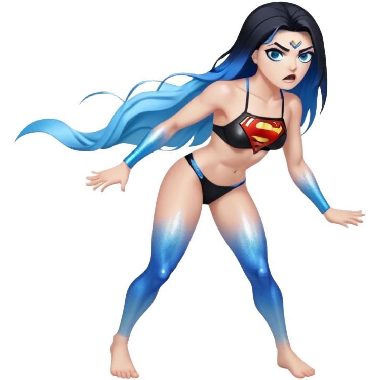 Very tall-very very very large chest-really angry-stomping foot-very long straight flat black to sky blue hair ombre-blue eyes-black eyeliner-long eyelashes-iridescent sting bikini top with glitter superman logo-angry emoji