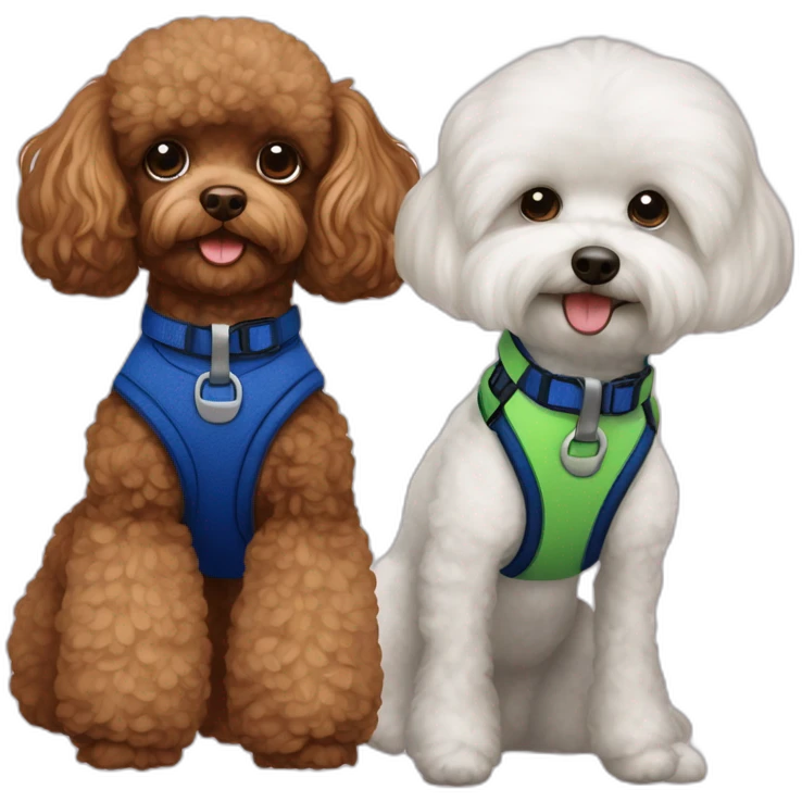 Brown toy poodle wearing dark blue harness and all white Maltese wearing green harness emoji