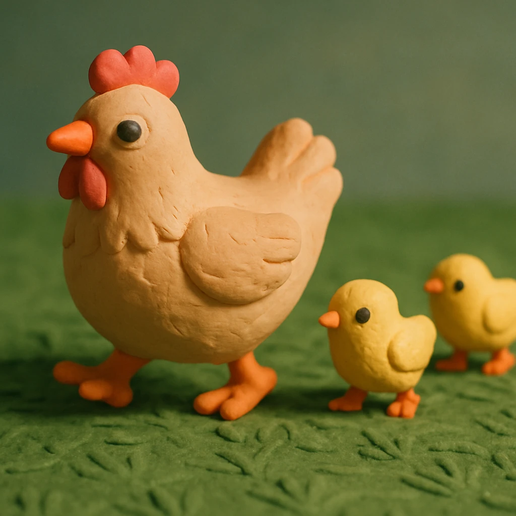 hen and chicks walking in grass, soft lighting, hand-molded details emoji