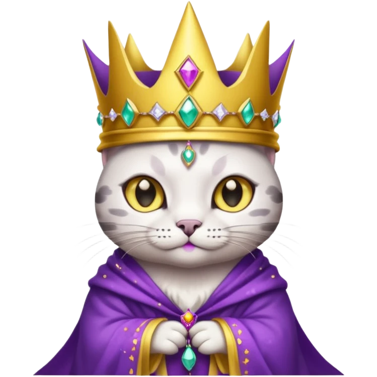 A wizard king cat that is mostly white with black spots and yellow eyes emoji