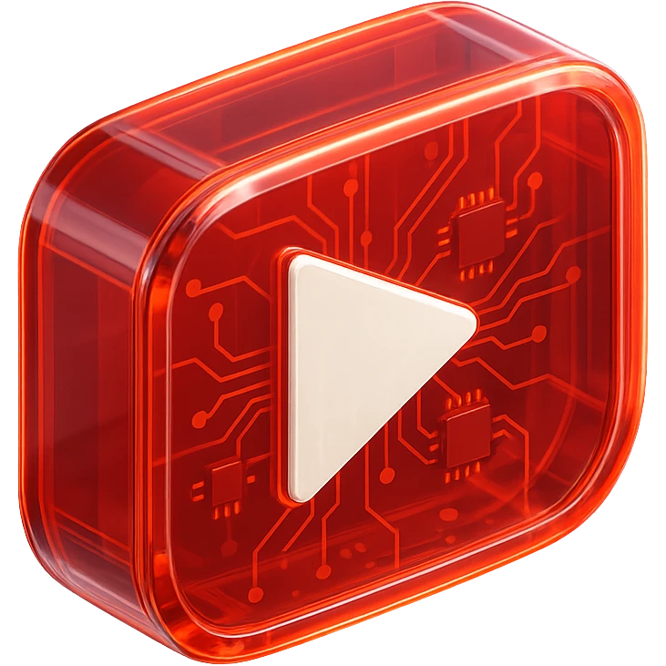YouTube play button, white, centered, red background with glowing effect, glossy circuit style emoji
