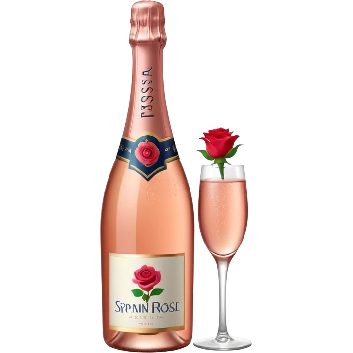 bottle of sparkling rosé champagne with a rose logo on the label, tilted up and to the left, no glass emoji