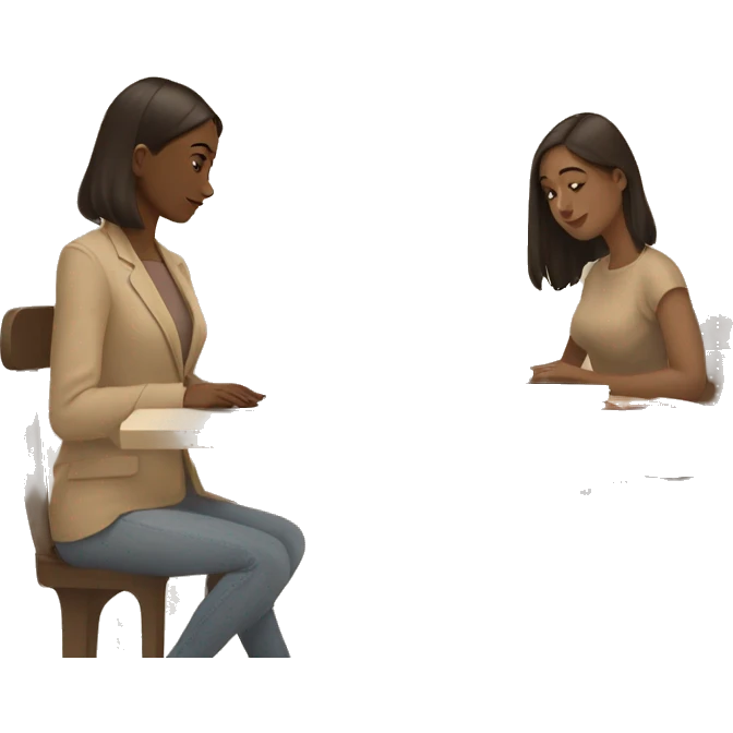 A girl at a table with a laptop. A a cup of coffee on the left side of the table. Books on the right side of the table. in beige tones emoji